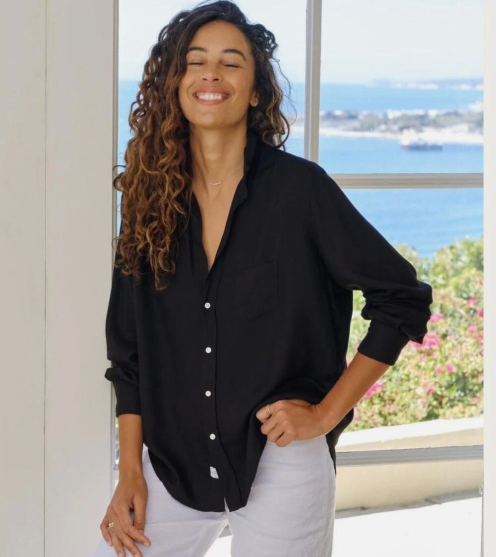 Frank & Eileen EILEEN 100% Modal Relaxed Button-Up Silky Shirt Black L NWOT $278